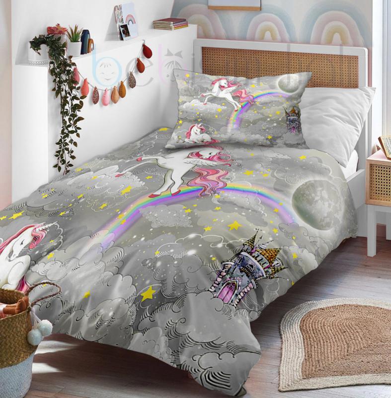 Sevimli Unicorn Gökkuşağı Şato Saray Desenli Tek Kişilik Bebek Çocuk Nevresim Takımı