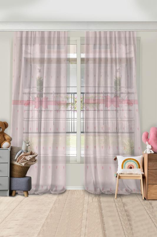 Pembe Fiyonklu Çift Kanatlı Çift Kanatlı Çocuk Odası Tül Perde