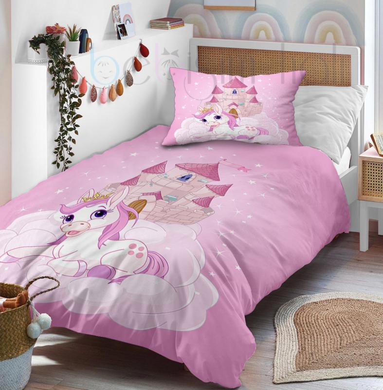 Sevimli Unicorn Pony Sevimli At Gökkuşağı Şato Saray Desenli Tek Kişilik Bebek Çocuk Nevresim Takımı