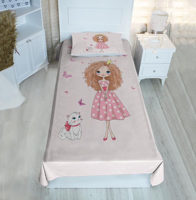 Prenses Kız Ve Kedi BH2236 Pike&Yatak Örtüsü(Yastık Kılıflı)