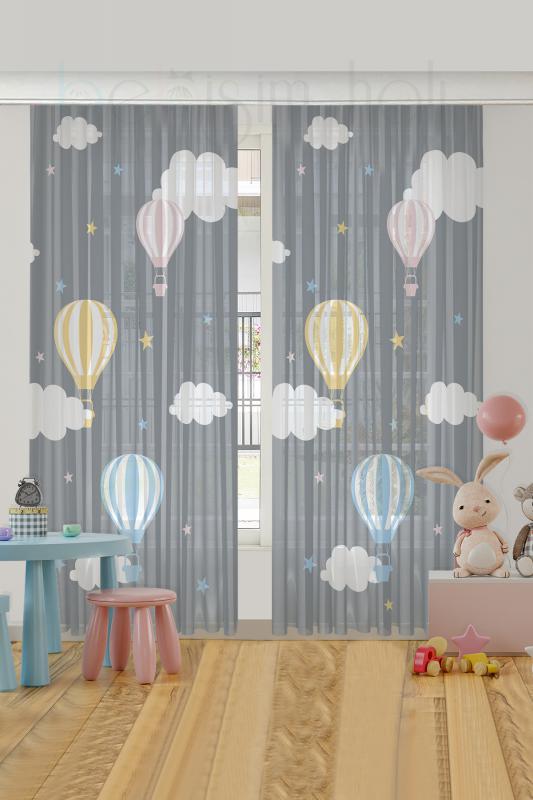 Bebişim Uçan Balon Çift Kanatlı Çocuk Odası Tül Perde