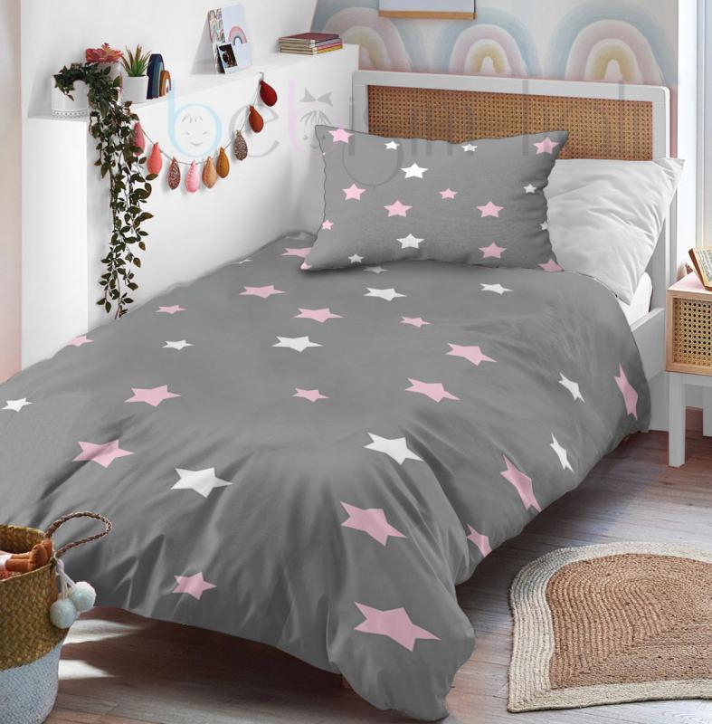 Gri Ve Pembe Yıldız Tek Kişilik Bebek Çocuk Nevresim Takımı