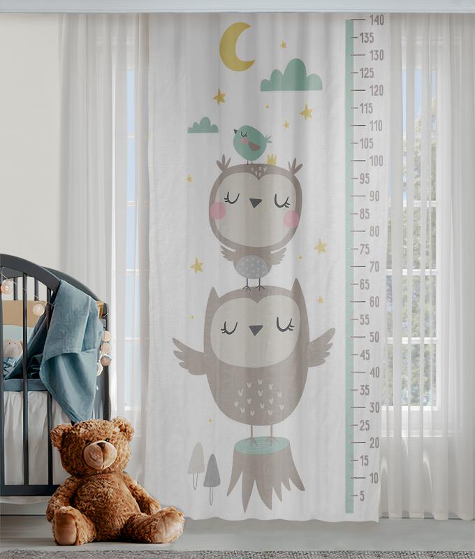 Baykuşlu Çift Kanatlı Çocuk Odası Fon Perde