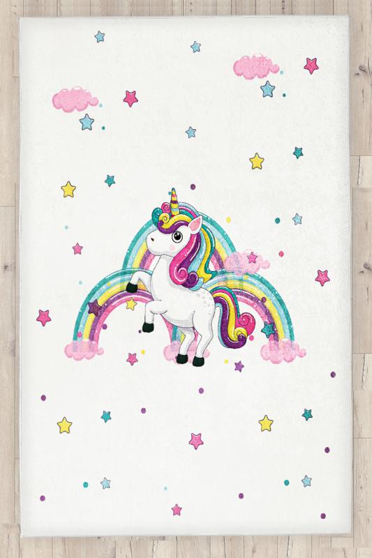 Gökkuşağı Unicorn Yıldız Ve Bulutlu Çocuk Odası Halısı