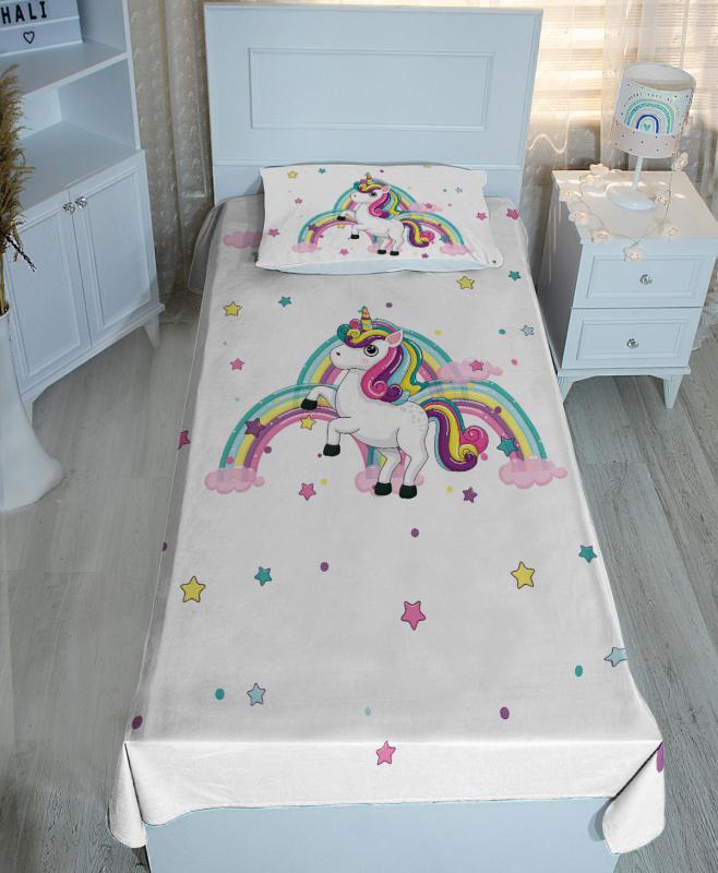 Gökkuşağı Unicorn  Yıldız Ve Bulutlu Yatak Örtüsü & Pike