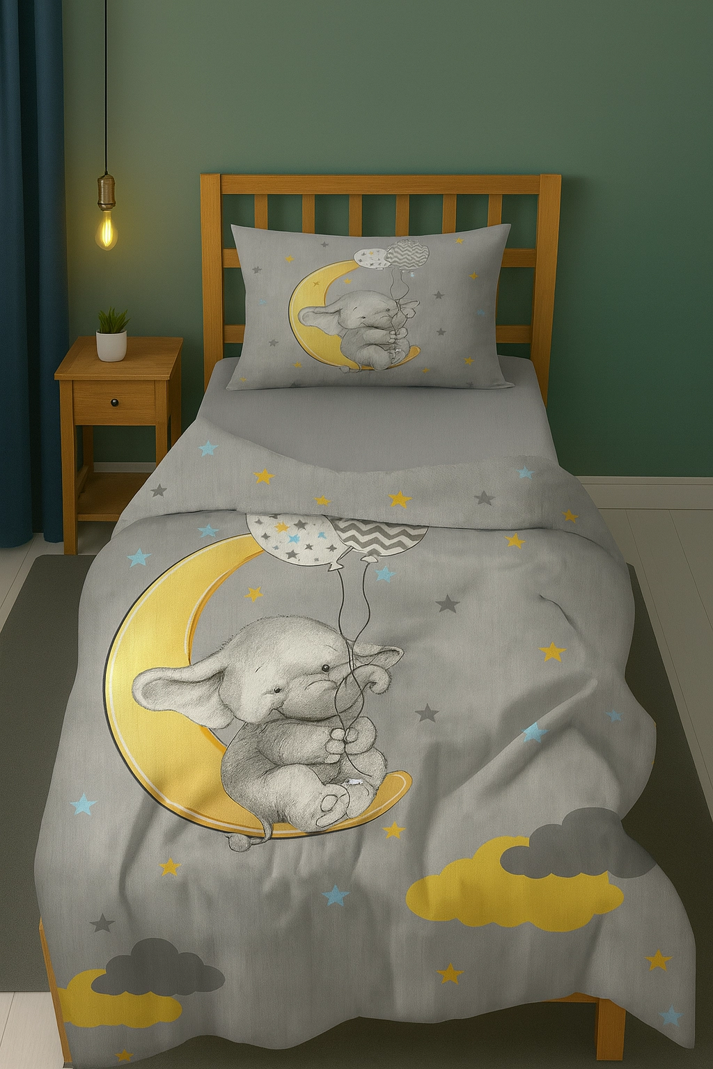 Sevimli Balon Tutan Fil Desenli Tek Kişilik Bebek Çocuk Nevresim Takımı