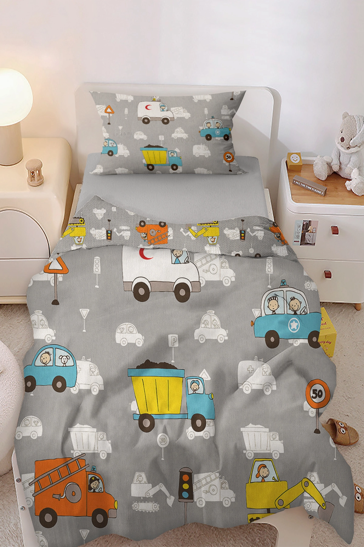 Arabalar Desenli Tek Kişilik Bebek Çocuk Nevresim Takımı