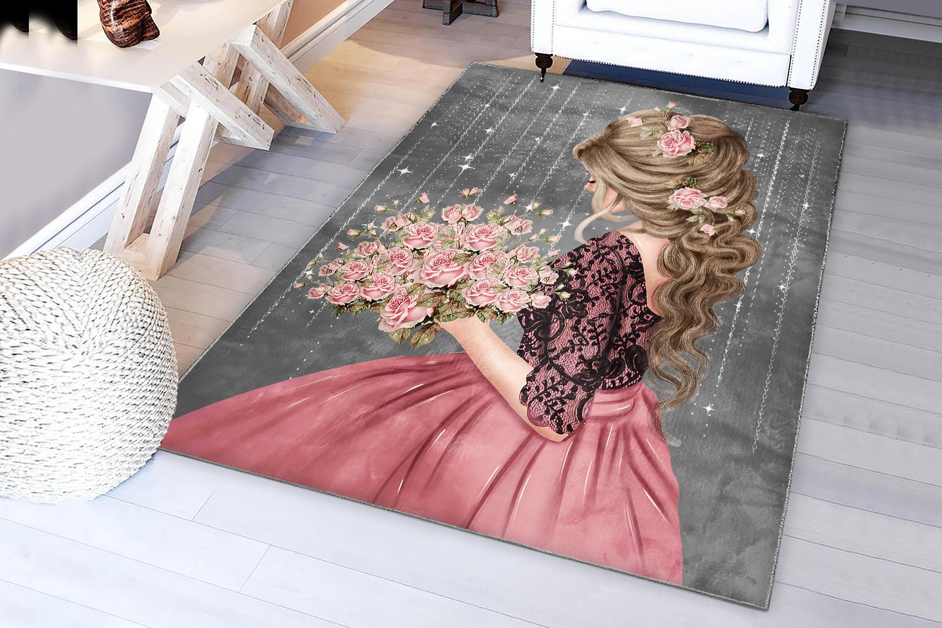 Nostaljik Çiçek Prenses Kız Bambu Çocuk Halısı