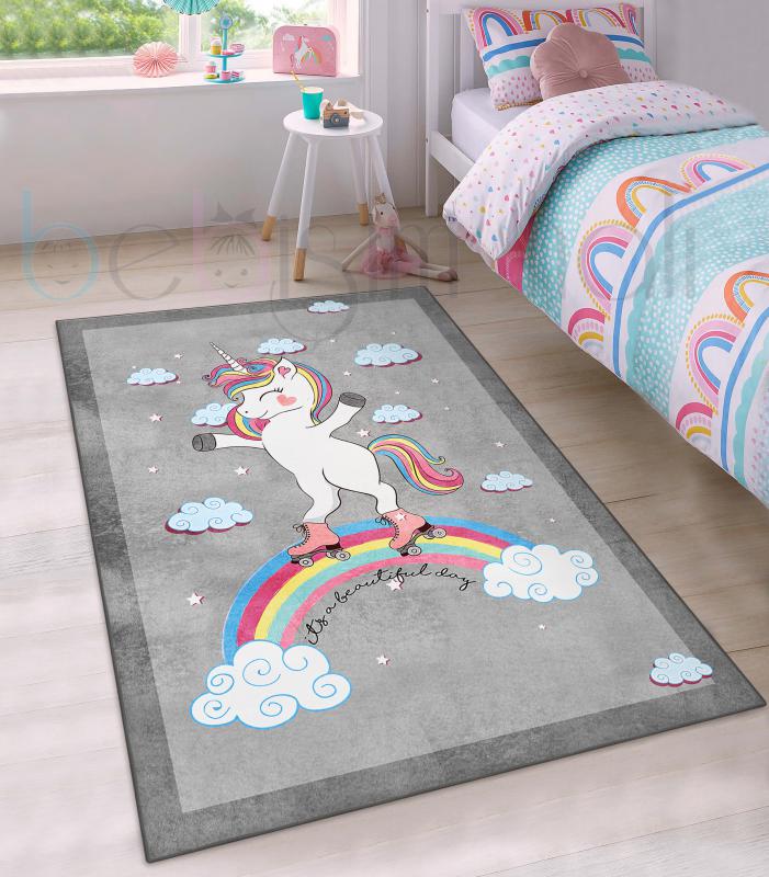 Sevimli Unicorn Gökkuşağı Desenli Çocuk Odası Halısı