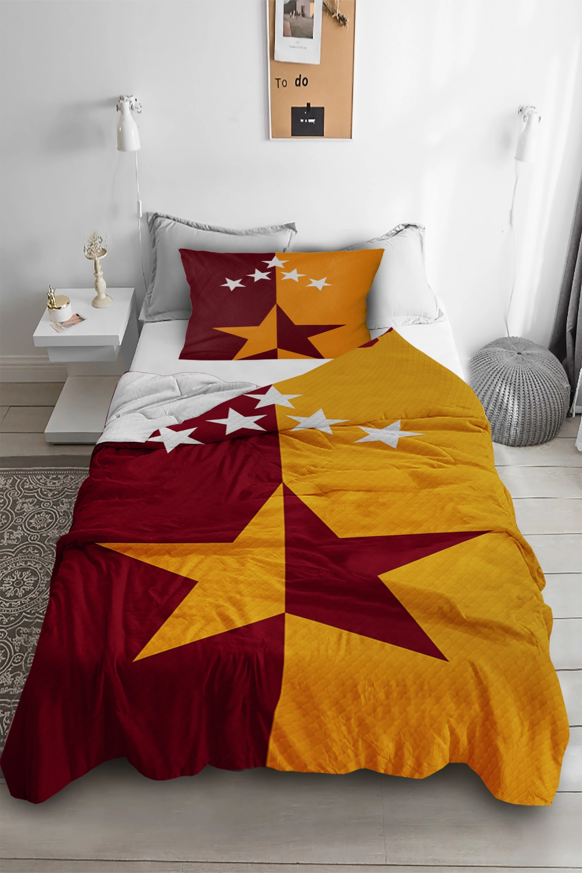 Sarı Kırmızı Taraftar Tek Kişilik Çocuk Pike Yastık Kılıflı