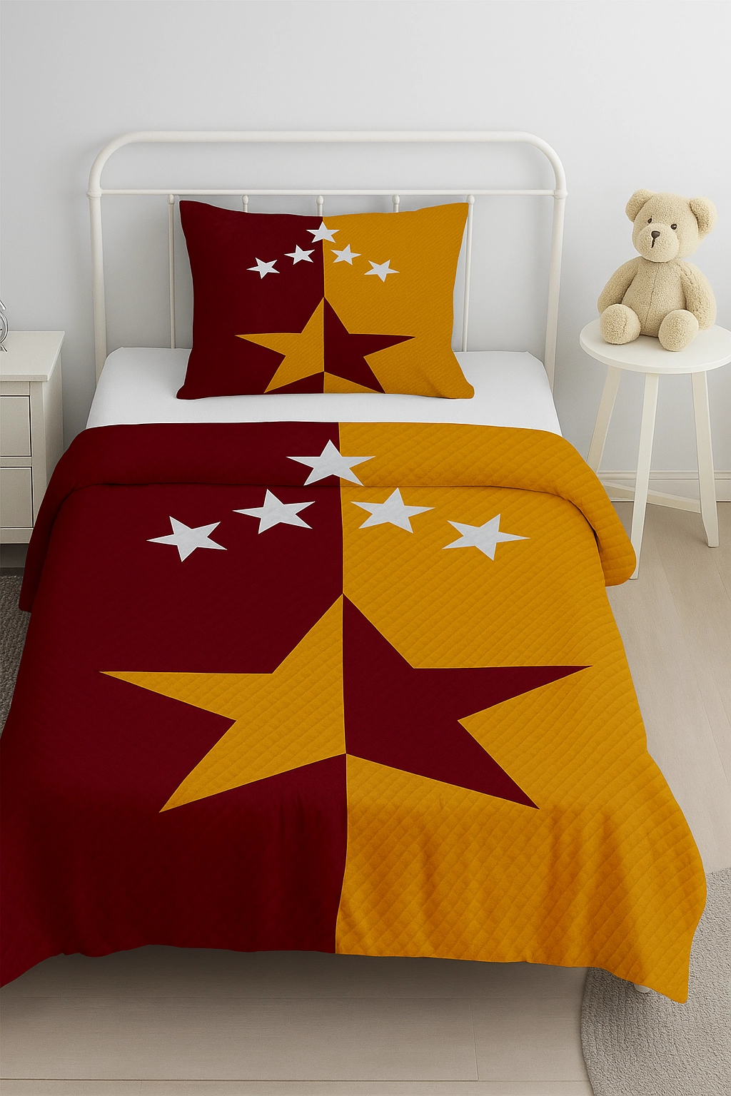 Sarı Kırmızı Taraftar Tek Kişilik Çocuk Pike Yastık Kılıflı