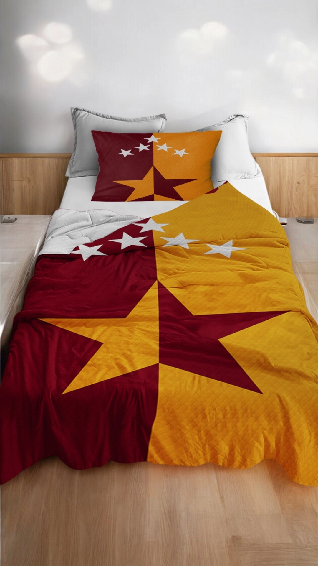 Sarı Kırmızı Taraftar Tek Kişilik Çocuk Pike Yastık Kılıflı