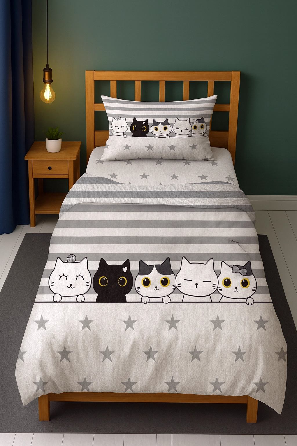 Sevimli Kediler Kardeş İkiz Kedicik Yıldızlar Desenli Tek Kişilik Bebek Çocuk Nevresim Takımı