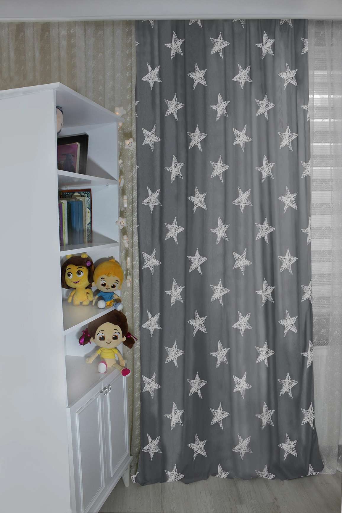 Gri Yıldız Çift Kanatlı Çocuk Odası Fon Perde