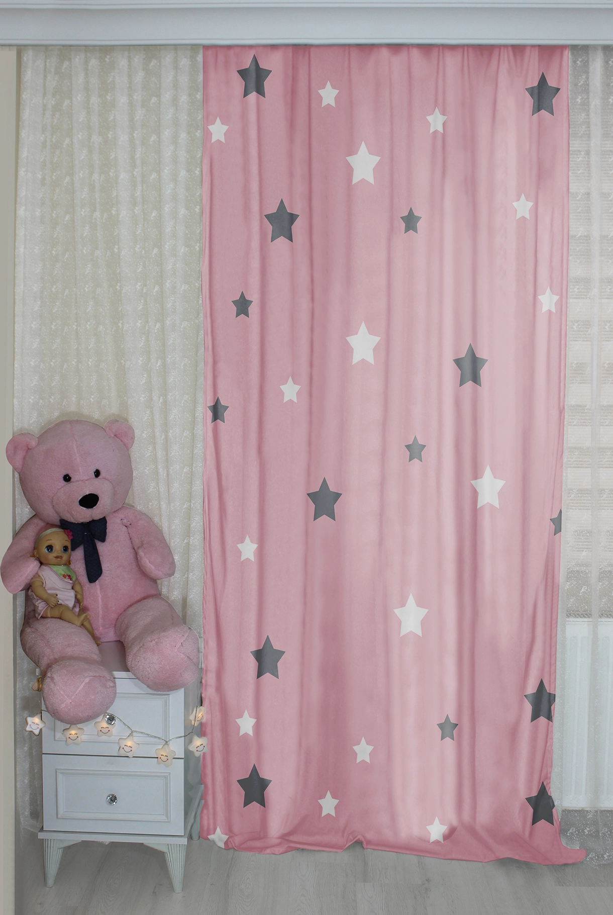 Yıldızlı Çift Kanatlı Çocuk Odası Fon Perde