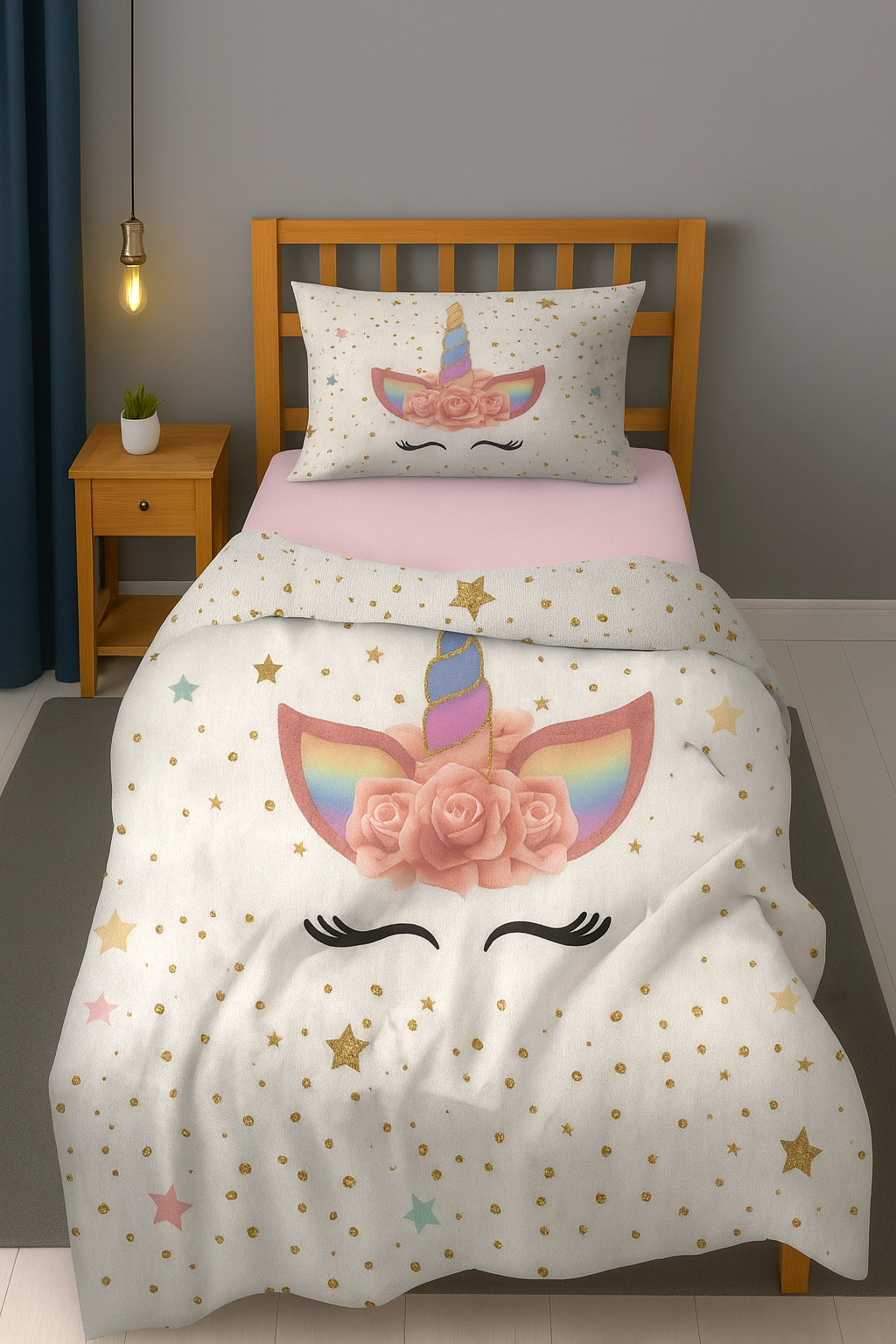 Sevimli Unicorn Altın Yaldız Ve Puantiye Tek Kişilik Bebek Çocuk Nevresim Takımı