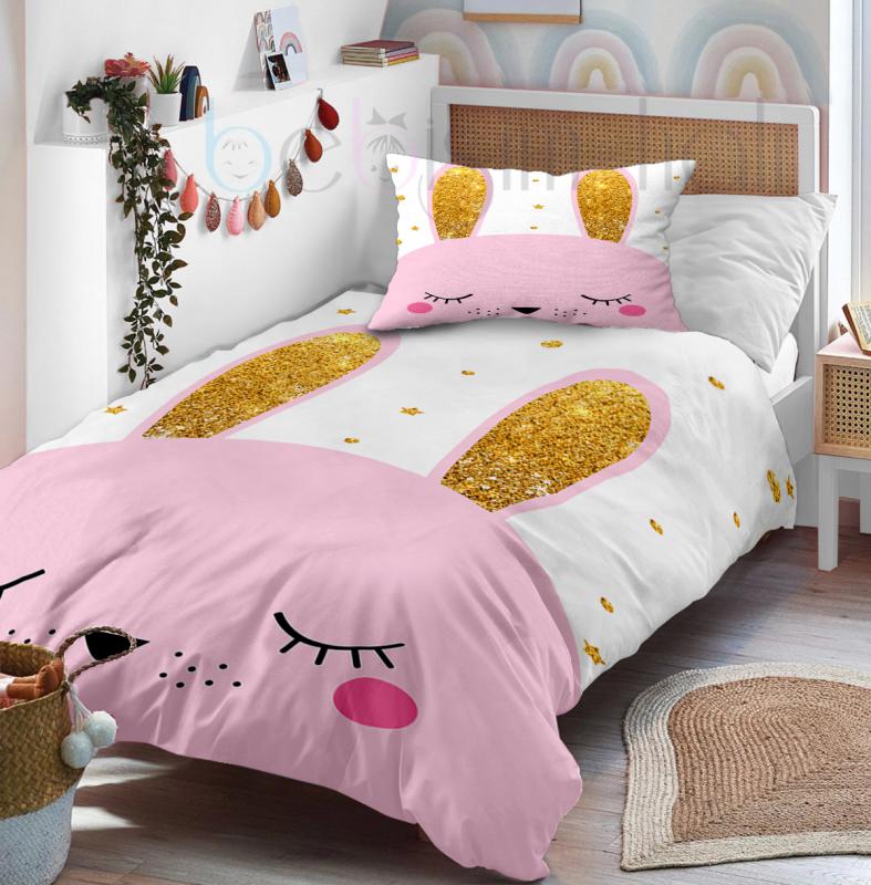 Sevimli Tavşan Altın Yaldız Desenli Tek Kişilik Bebek Çocuk Nevresim Takımı