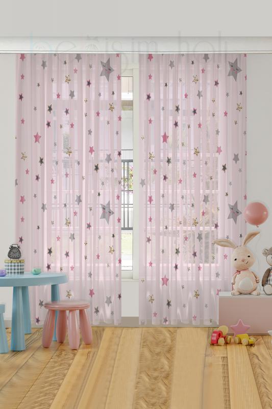 Bebişim Yıldızlı Çift Kanatlı Çocuk Odası Tül Perde