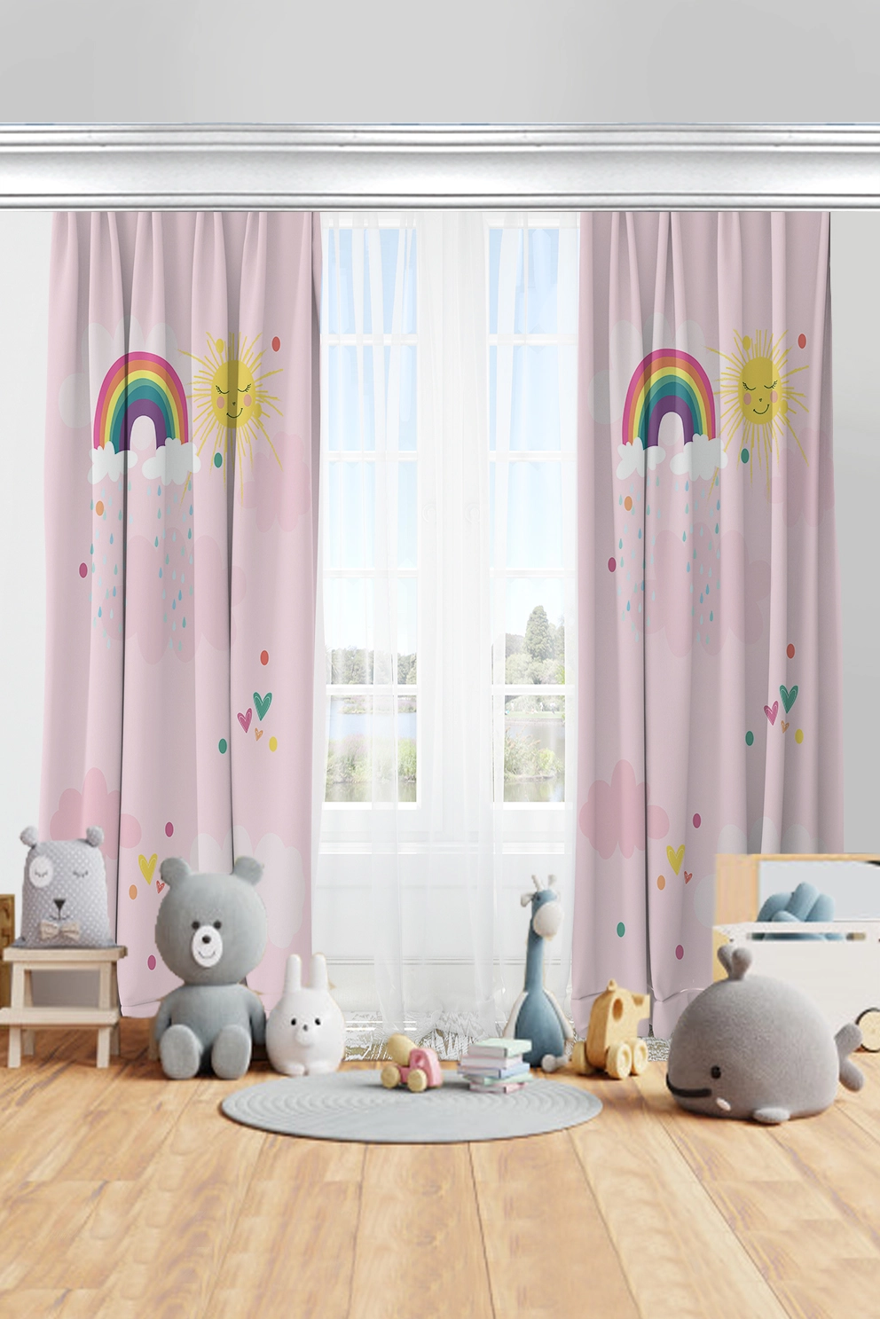 Gökkuşağı Bulutlu Pembe Çocuk Odası Halısı