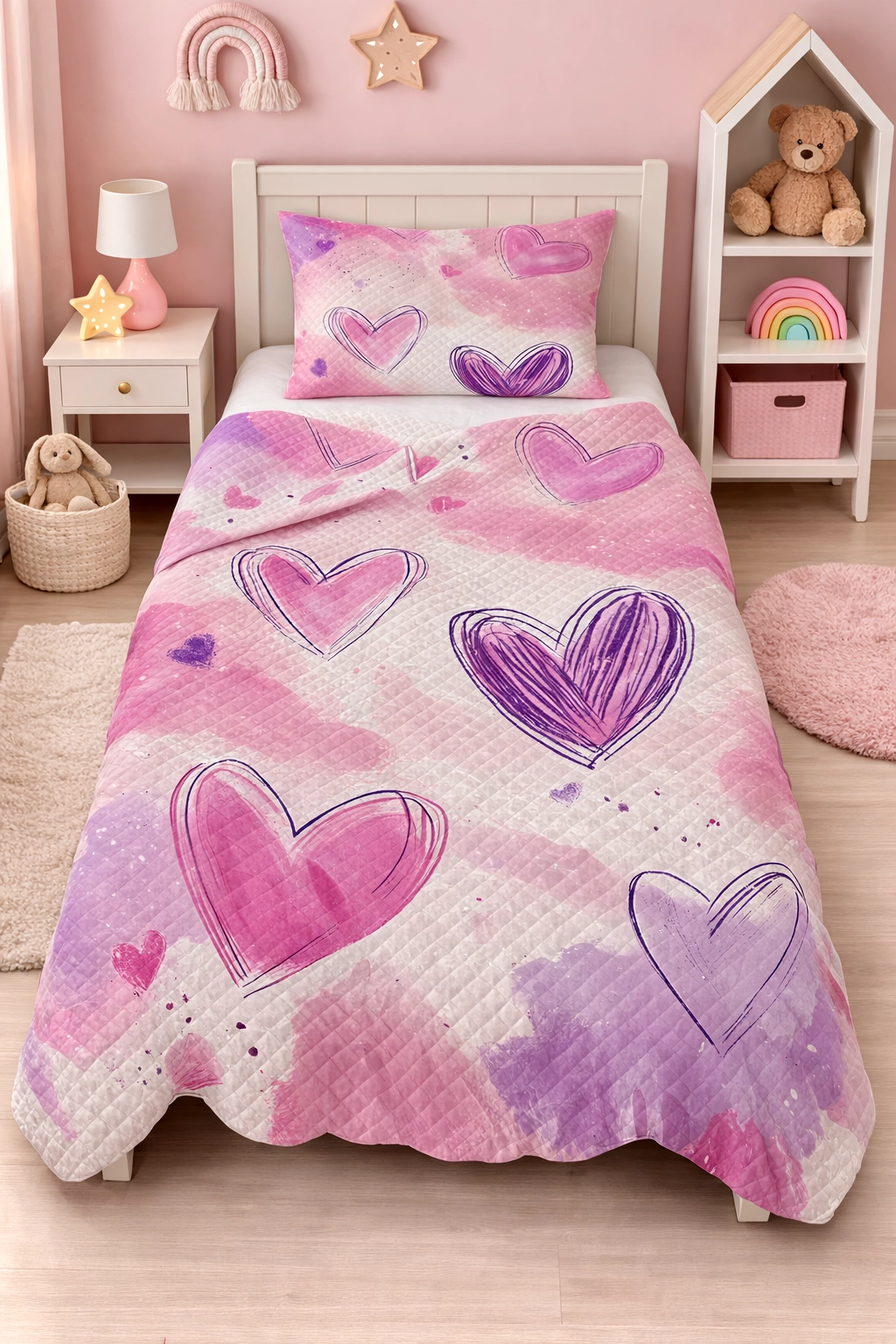 Pembe Kalp Tek Kişilik Pike Takımı Çocuk Odası Pike Yatak Örtüsü
