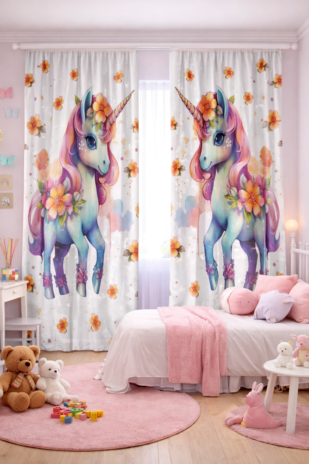 Kız Çocuk Odası Çift Kanatlı Fon Perde Çiçekli Unicorn Desenli