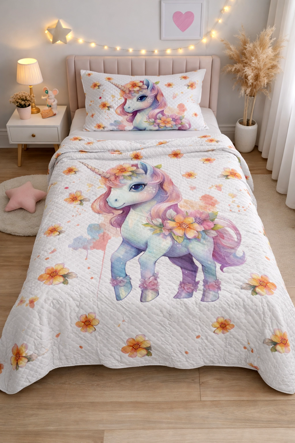 Çiçekli Unicorn Tek Kişilik Pike Takımı Çocuk Odası Pike Yatak Örtüsü