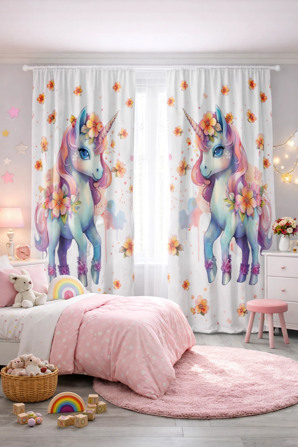 Kız Çocuk Odası Çift Kanatlı Fon Perde Çiçekli Unicorn Desenli