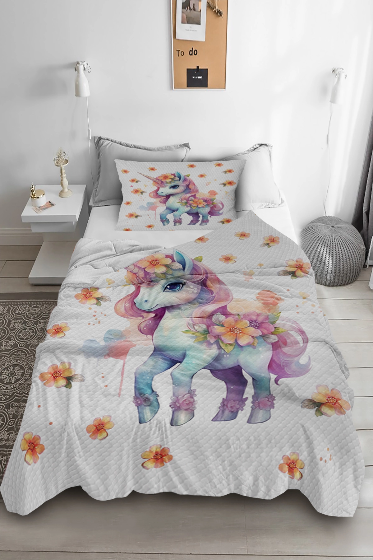 Çiçekli Unicorn Tek Kişilik Pike Takımı Çocuk Odası Pike Yatak Örtüsü