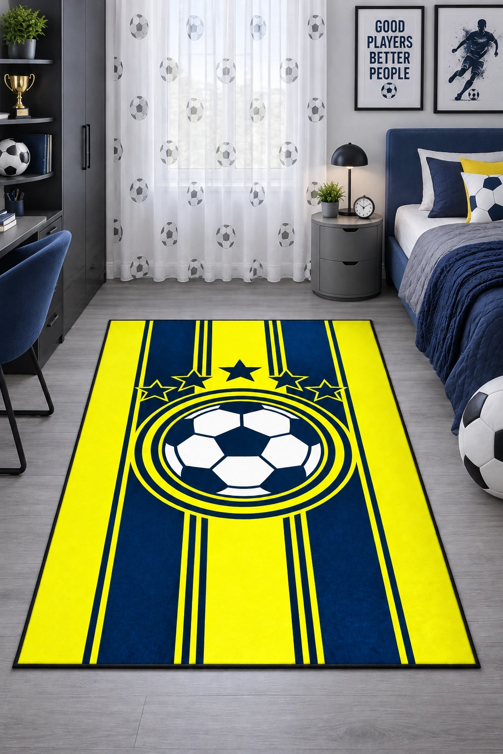 Sarı Lacivert Futbol Topu Çocuk Odası Halısı