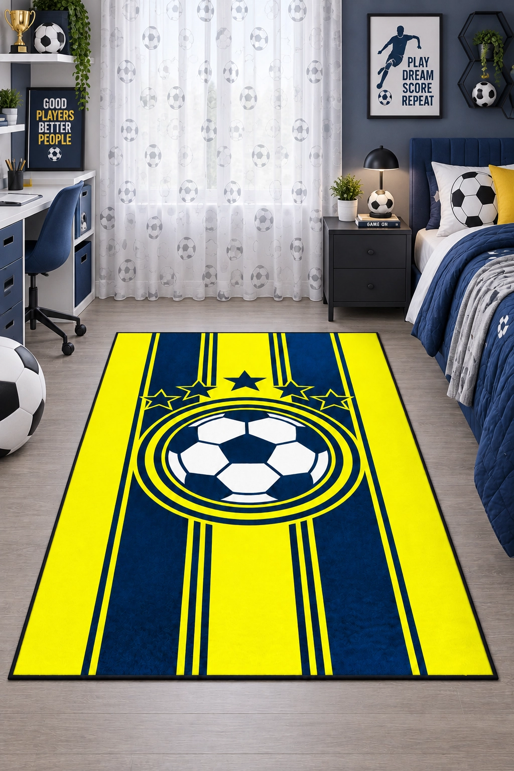 Sarı Lacivert Futbol Topu Çocuk Odası Halısı