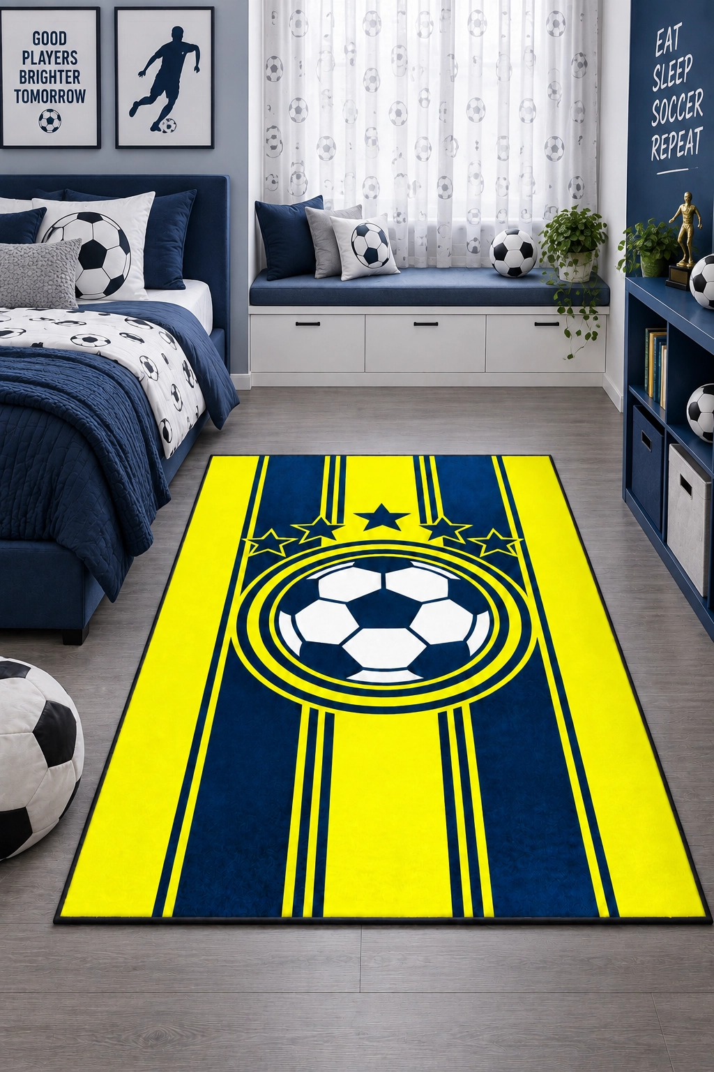 Sarı Lacivert Futbol Topu Çocuk Odası Halısı