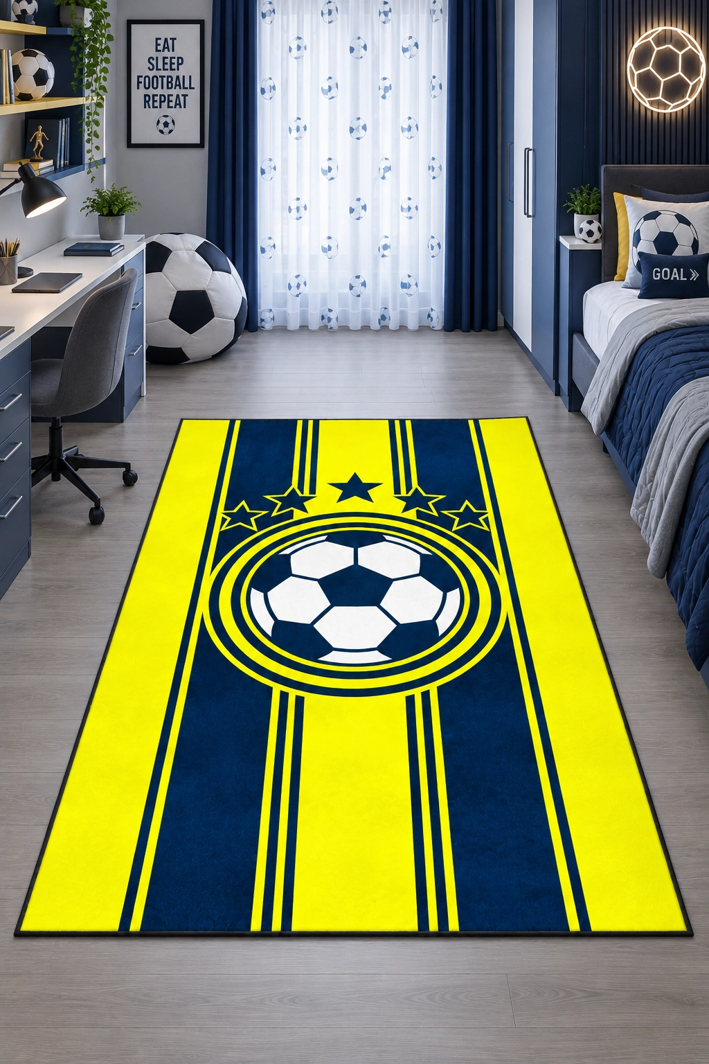 Sarı Lacivert Futbol Topu Çocuk Odası Halısı