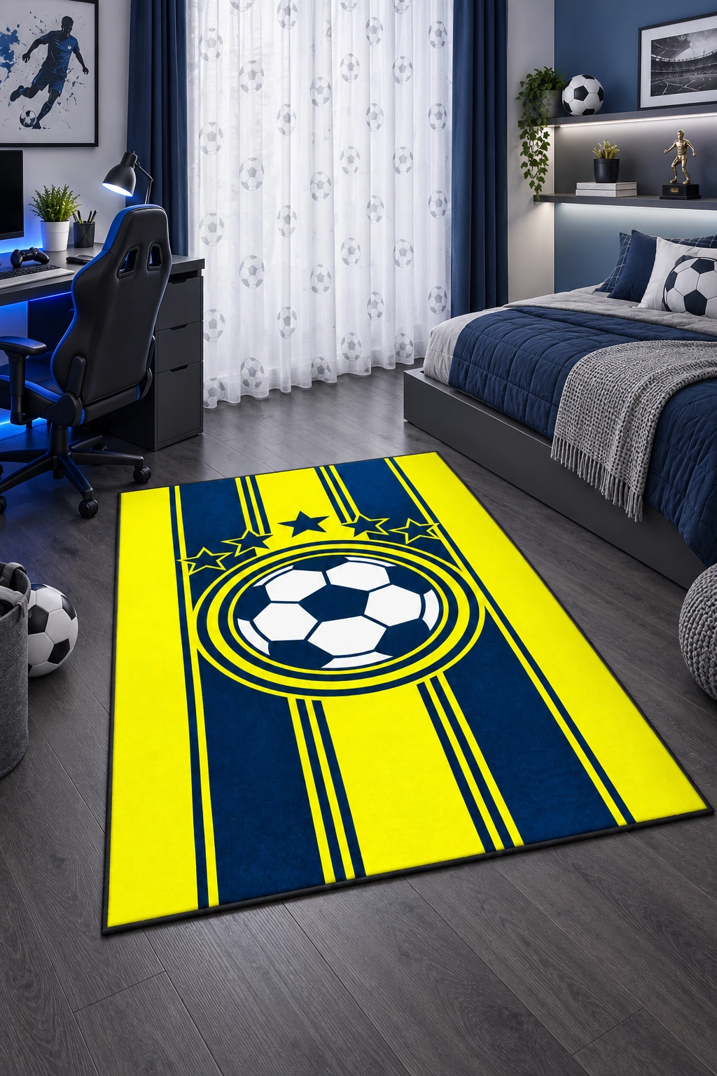 Sarı Lacivert Futbol Topu Çocuk Odası Halısı