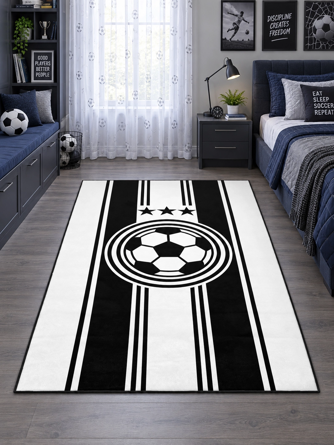Siyah Beyaz Futbol Topu Çocuk Odası Halısı