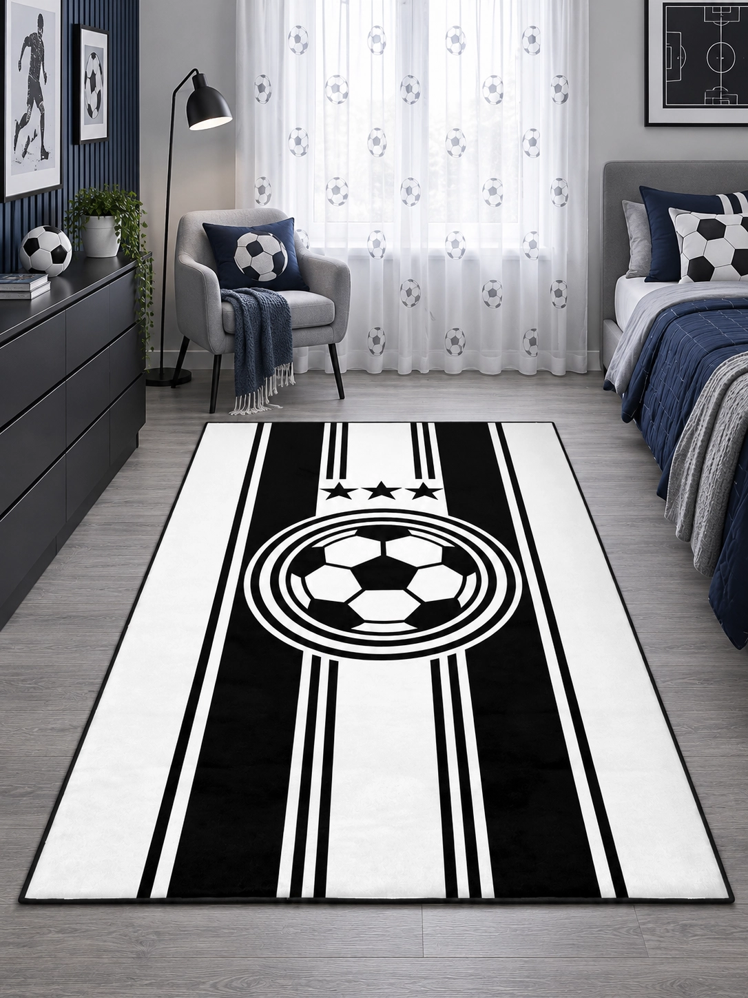 Siyah Beyaz Futbol Topu Çocuk Odası Halısı