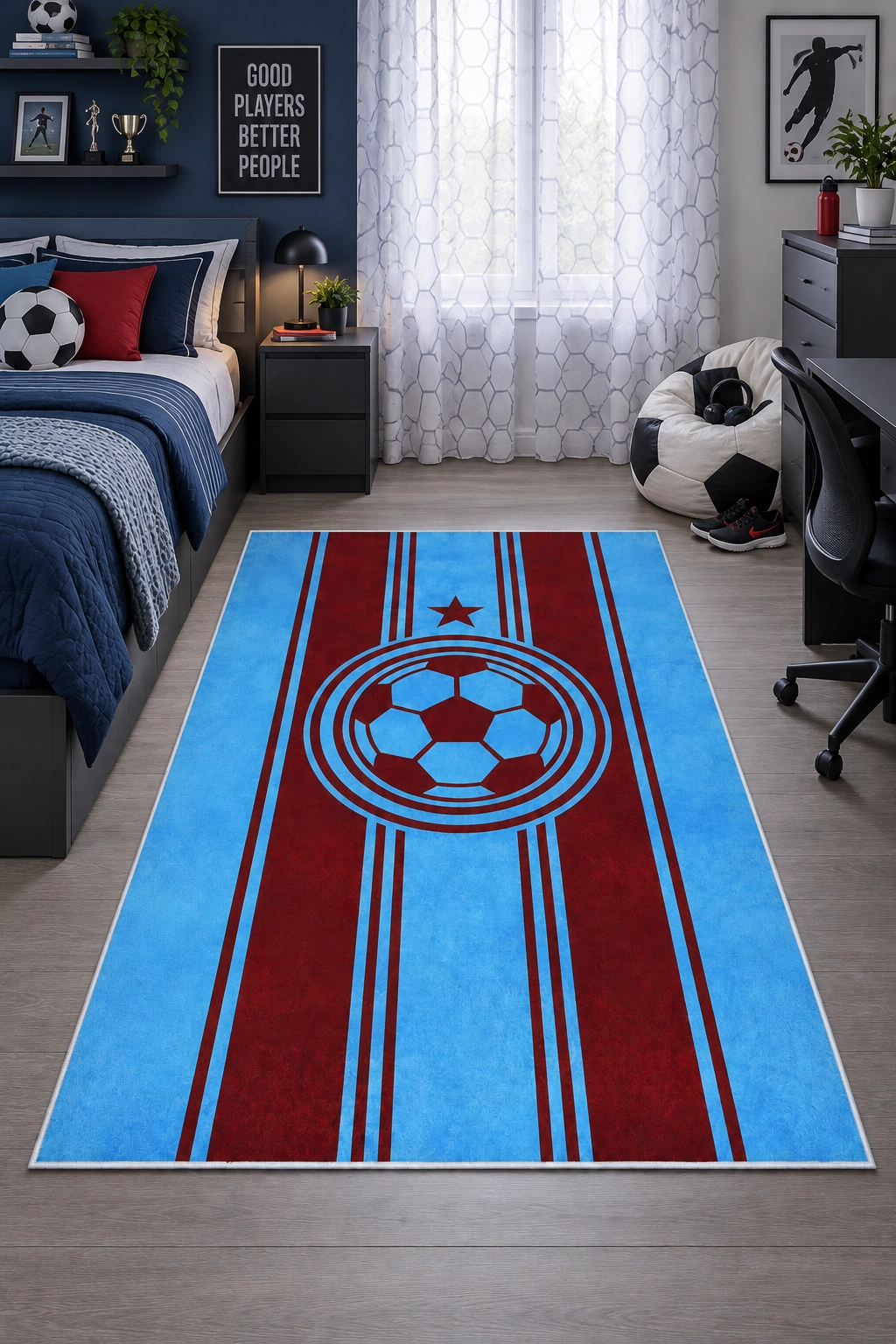 Bordo Mavi Futbol Topu Çocuk Odası Halısı