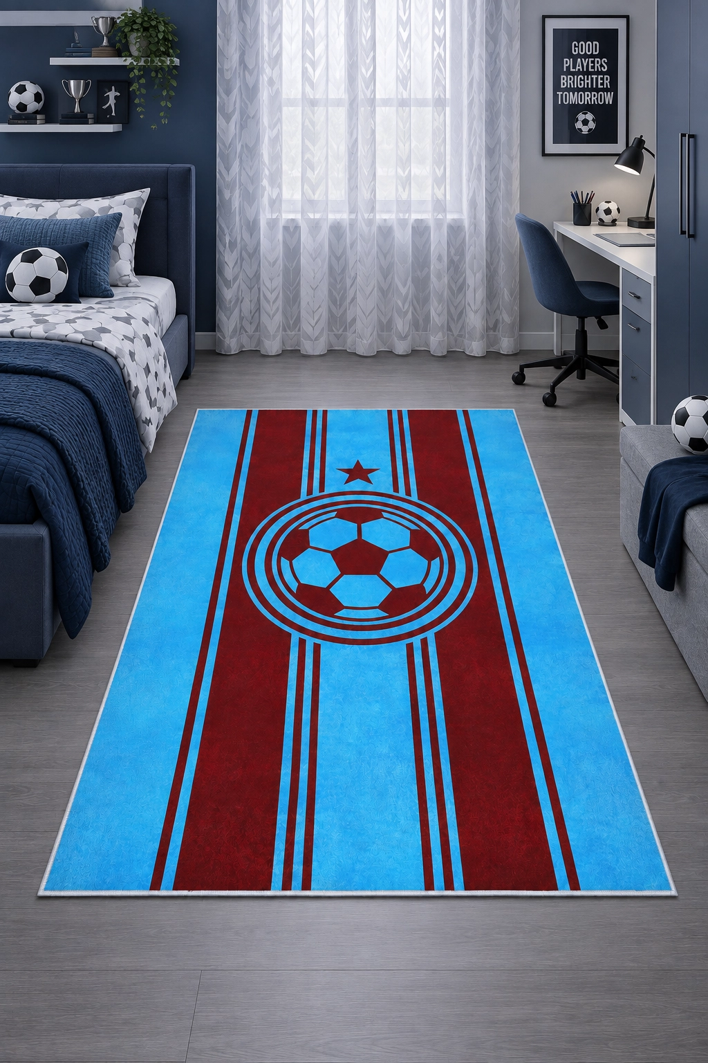Bordo Mavi Futbol Topu Çocuk Odası Halısı