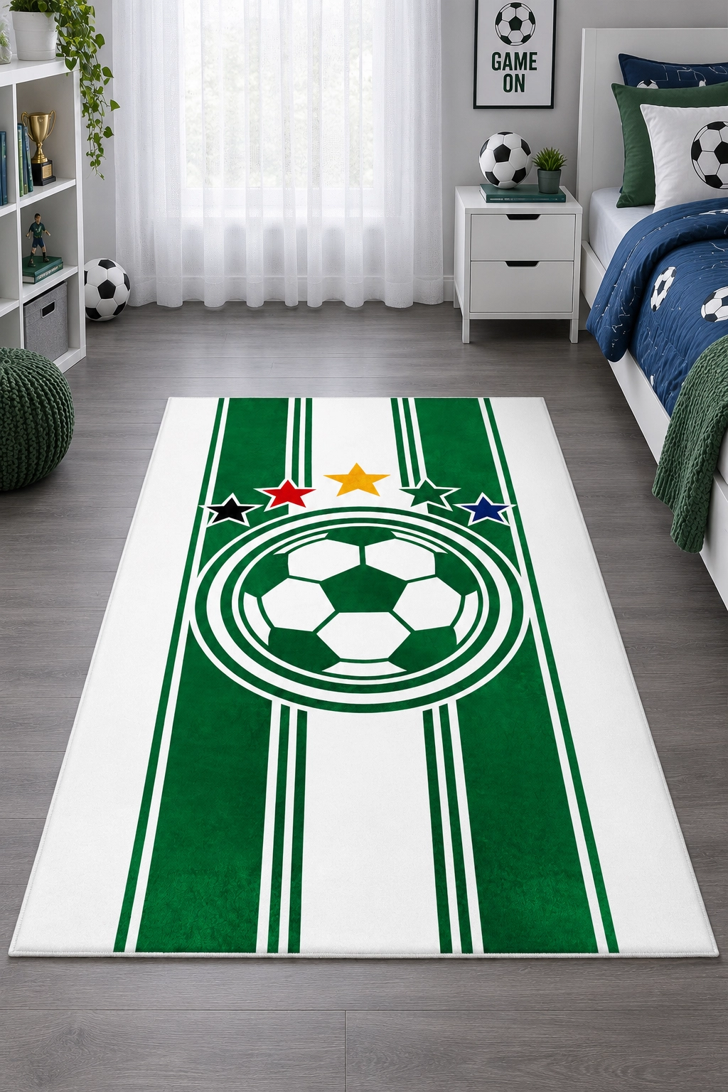 Yeşil Beyaz Taraftar Futbol Topu Çocuk Odası Halısı