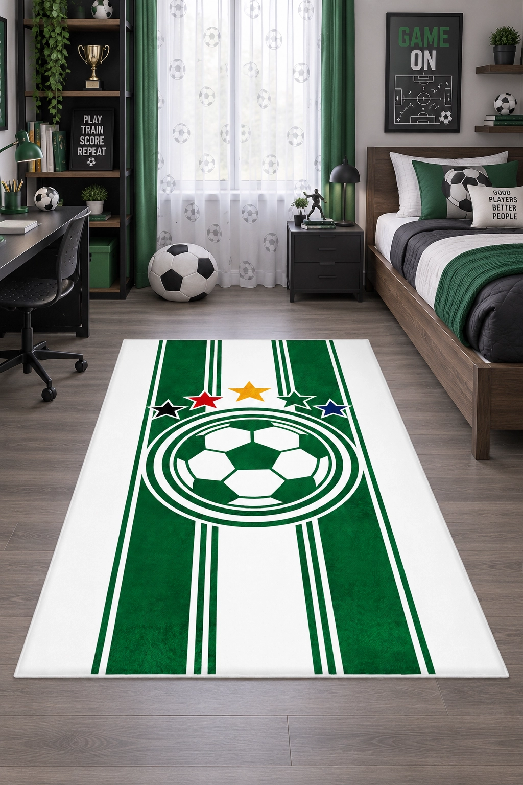 Yeşil Beyaz Taraftar Futbol Topu Çocuk Odası Halısı