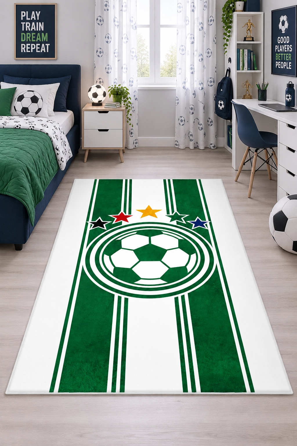 Yeşil Beyaz Taraftar Futbol Topu Çocuk Odası Halısı
