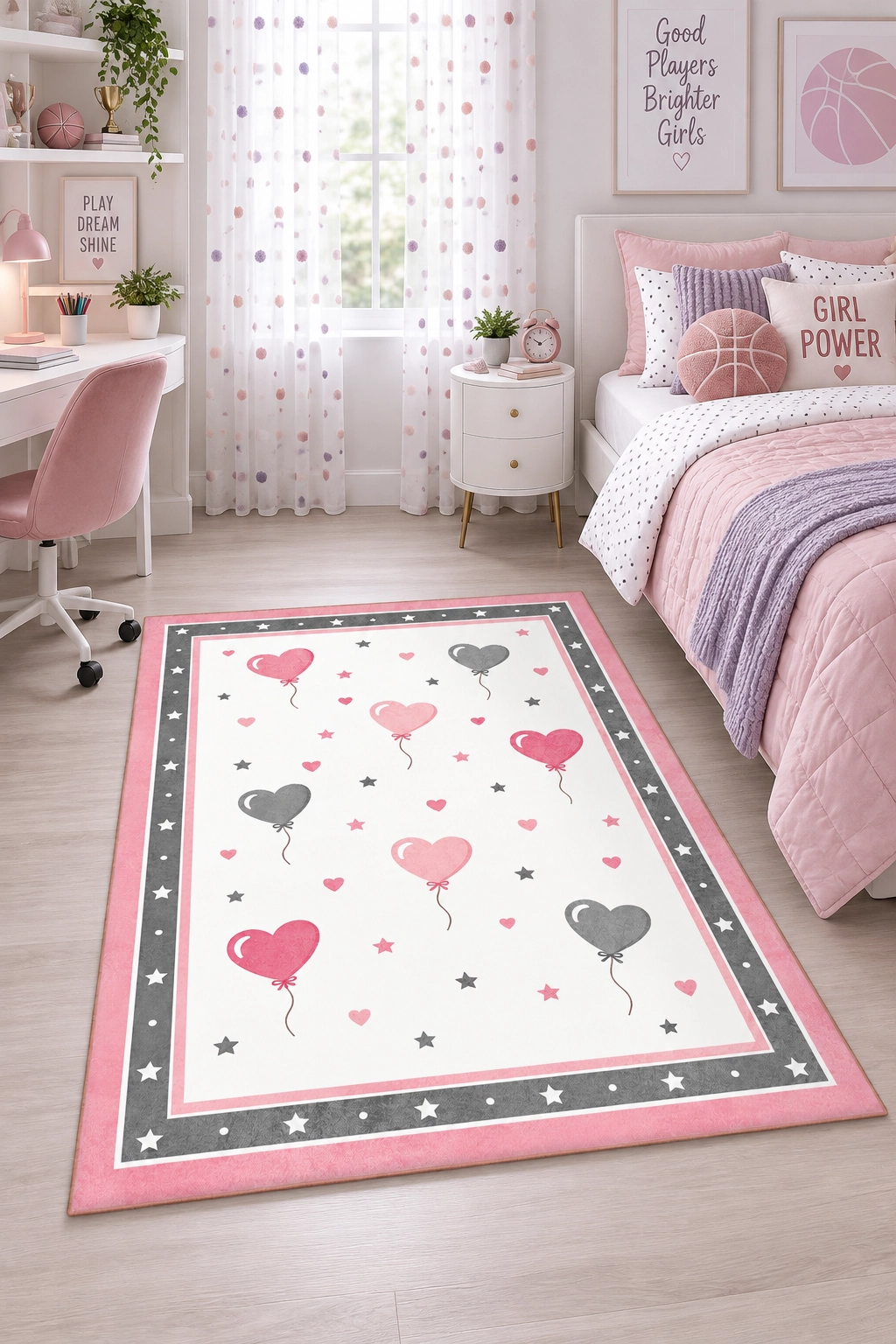 Pembe Gri Kalp Balon Desenli Kız Çocuk Odası Halısı
