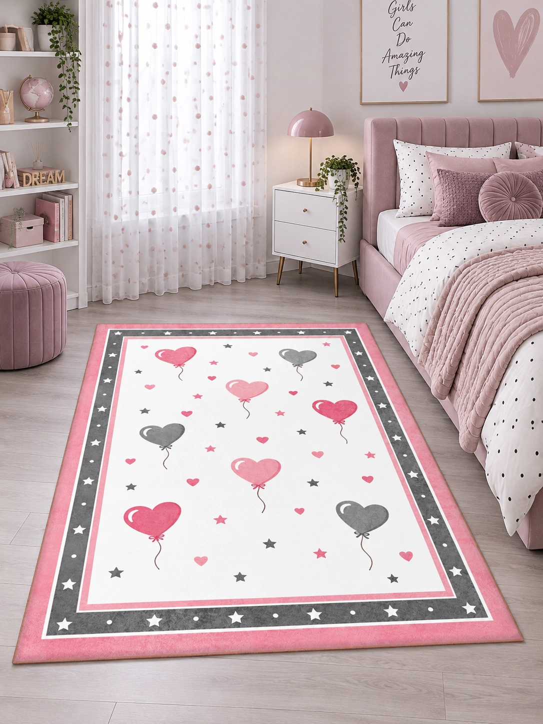 Pembe Gri Kalp Balon Desenli Kız Çocuk Odası Halısı