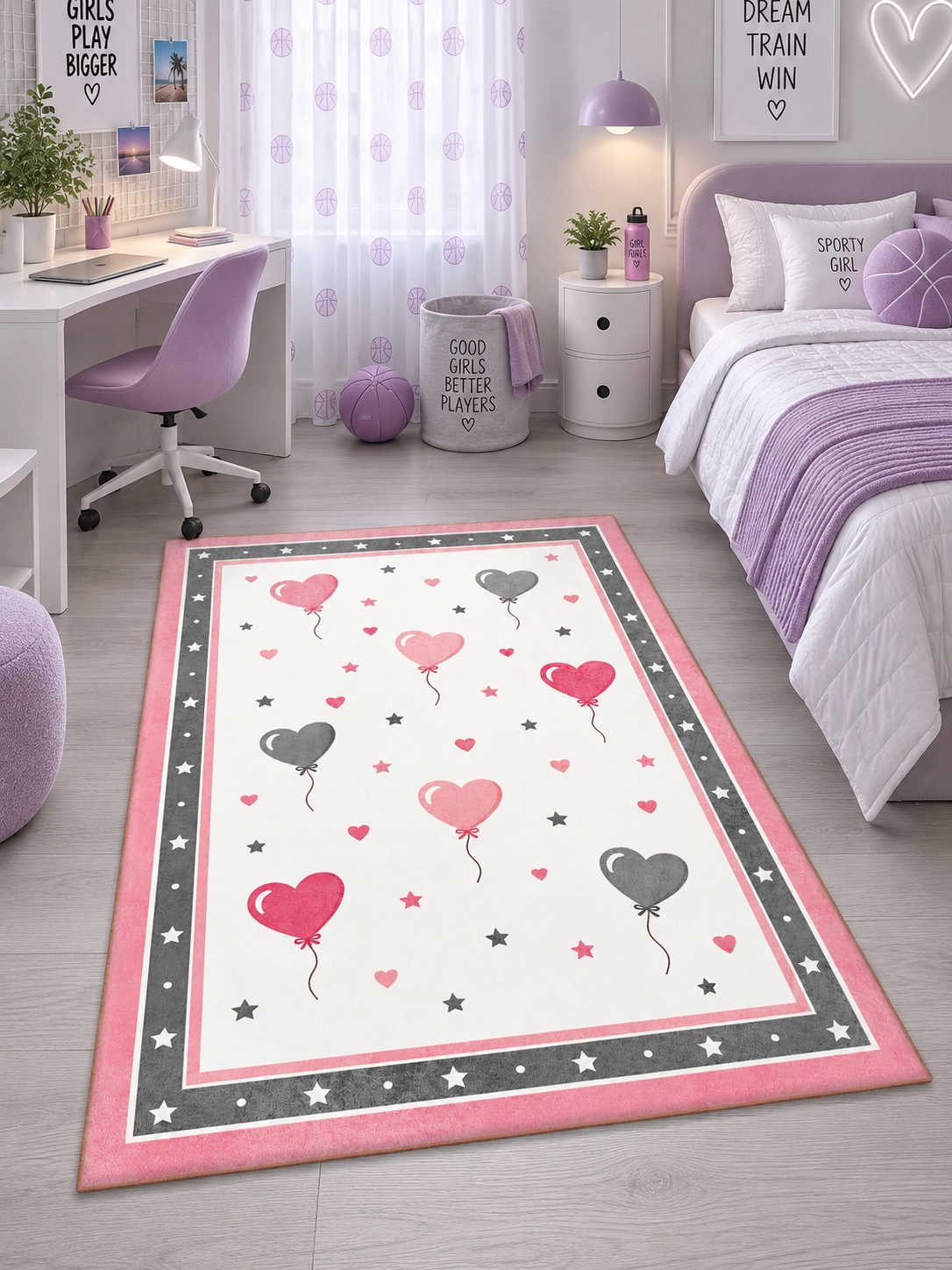 Pembe Gri Kalp Balon Desenli Kız Çocuk Odası Halısı