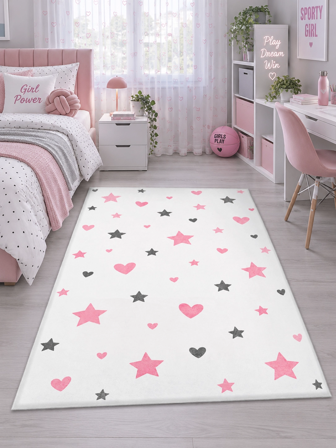 Pembe Gri Kalp ve Yıldız Desenli Kız Çocuk Halısı