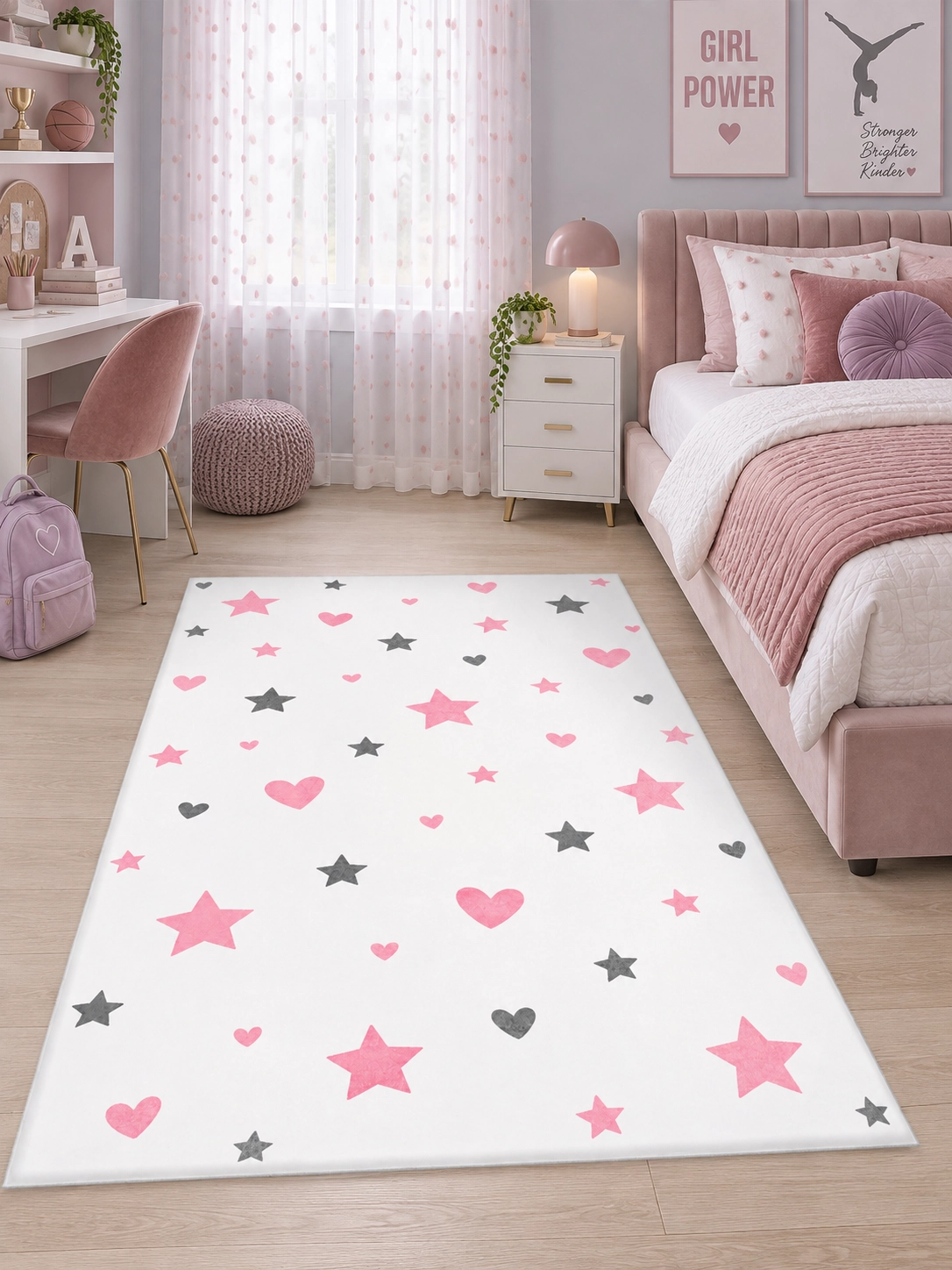 Pembe Gri Kalp ve Yıldız Desenli Kız Çocuk Halısı