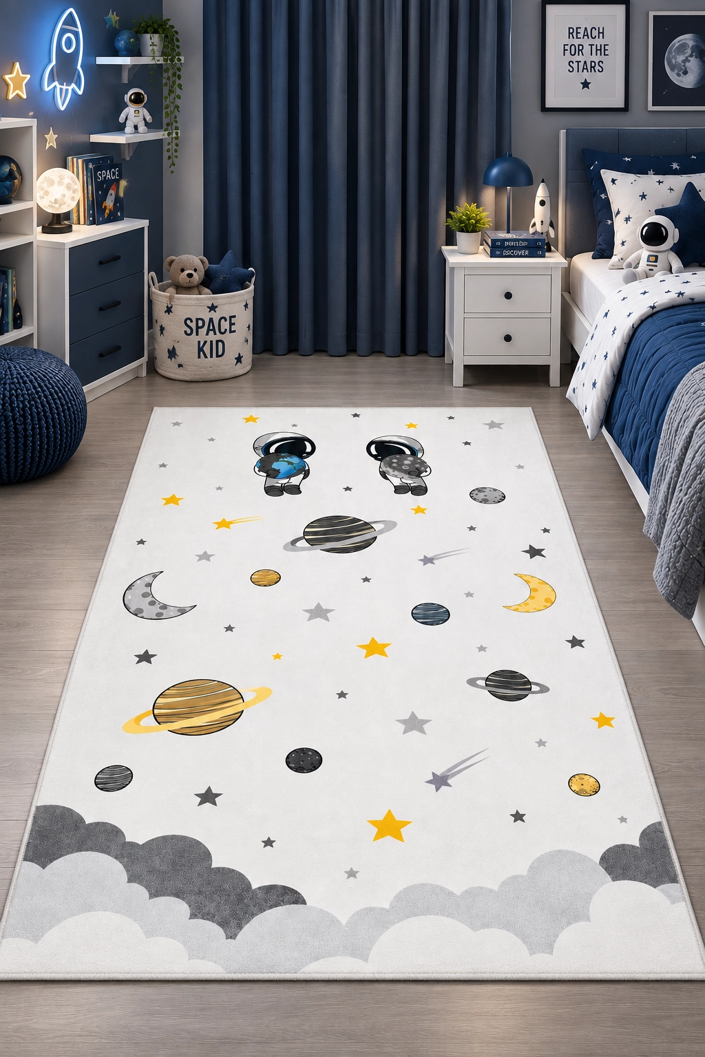 Astronot ve Gezegenler Desenli Uzay Temalı Çocuk Halısı