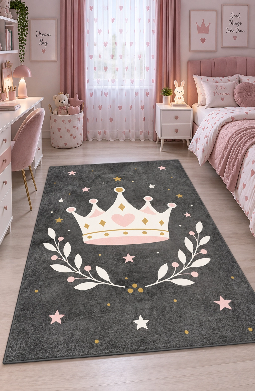 Prenses Tacı Desenli Pembe Gri Kız Çocuk Odası Halısı