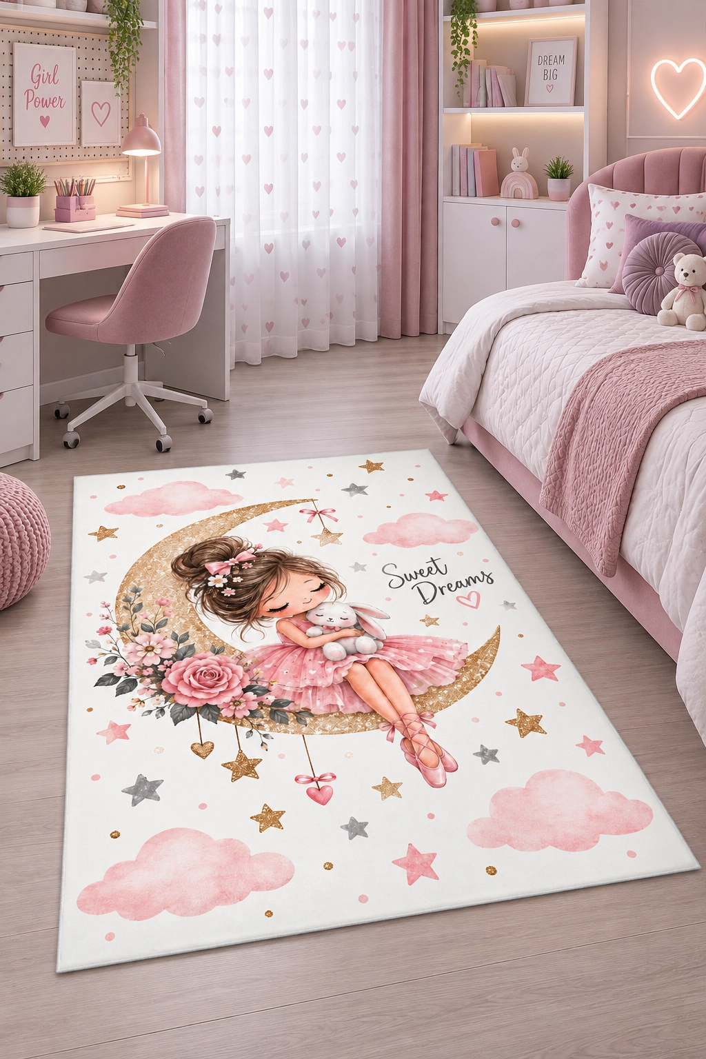 Sweet Dreams Ayda Oturan Kız ve Tavşan Desenli Kız Çocuk Halısı