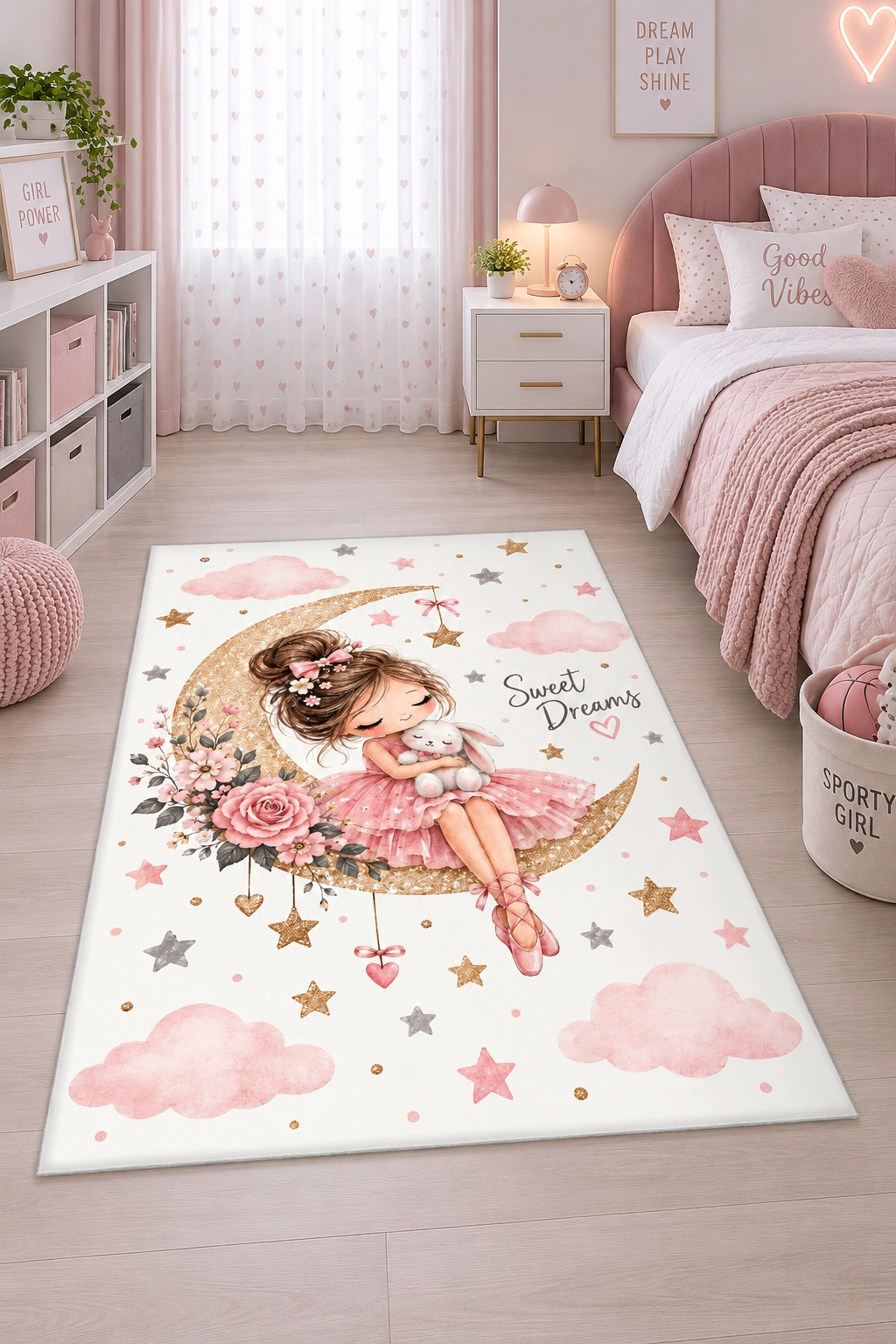 Sweet Dreams Ayda Oturan Kız ve Tavşan Desenli Kız Çocuk Halısı