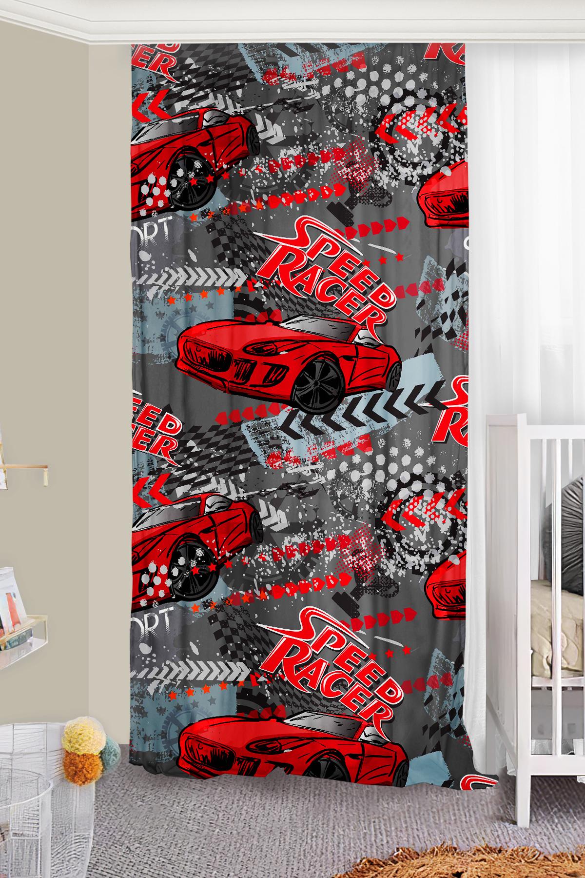 Kırmızı Yarış Arabalı Çift Kanatlı Çocuk Odası Fon Perde